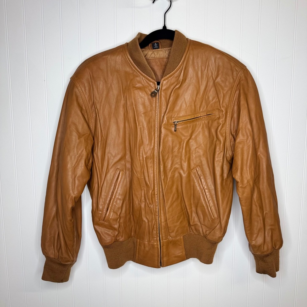 Vintage Mixed Blues Leather Bomber Jacket Sz Small Cognac Tan Zip Up